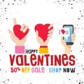 Happy ValentineÃ¢â¬â¢s day sale. Hand with smartphone and finger sign love , 50% off sale title.